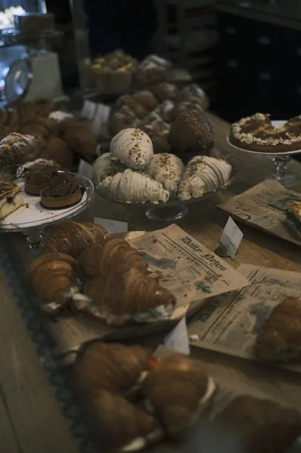 Vitrine de pâtisserie à Turin avec cornetti et meringues