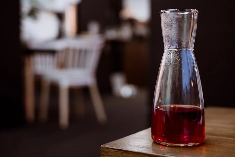 Carafe contenant vin rouge sur table en bois dans une osteria