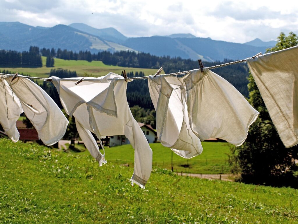 Draps et linges blancs accrochés à une corde, campagne verdoyante