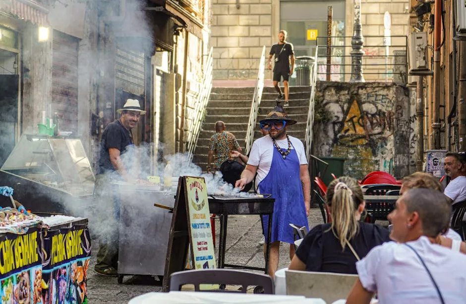 Marchand de rue grillant des brochettes dans une ruelle animée de Palermo
