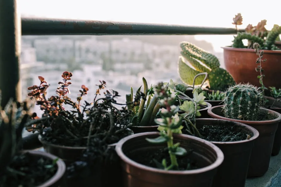 Rangée de succulentes en pots sur balcon, vue floue de Palerme