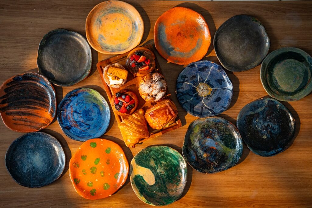 Stacked colorful handmade ceramic plates