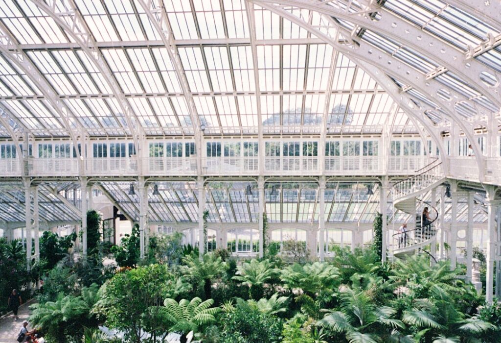 Interior of a historic greenhouse with tropical plants