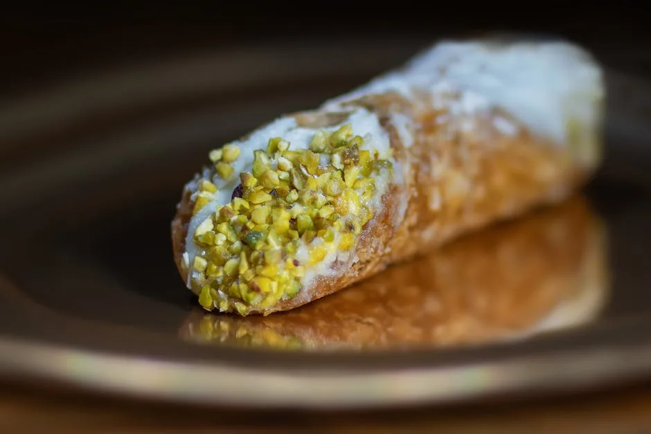 Cannolo palermitain garni de ricotta et pistaches, gros plan