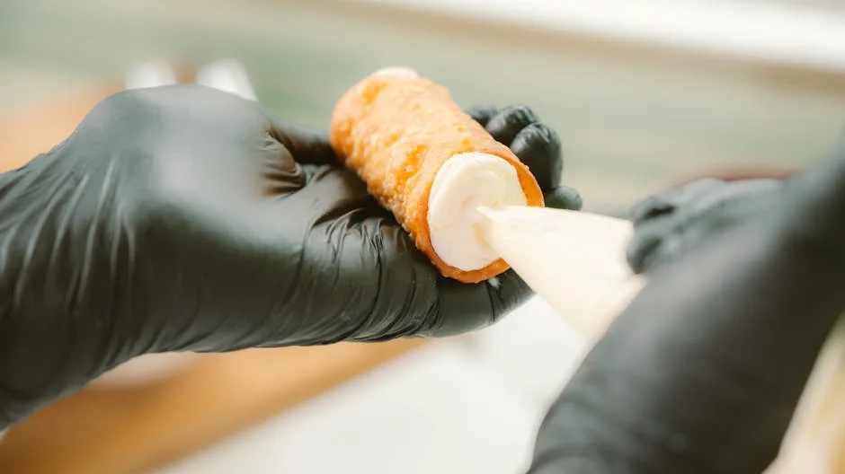 Gants noirs remplissant un cannolo de crème fraîche, tradition de Palermo
