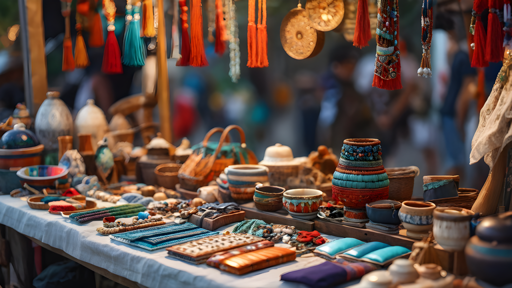 Bunter Marktstand mit Keramik und Schmuck auf Handwerksmarkt in Matera