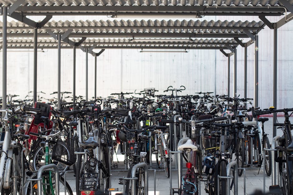 Zadaszony parking rowerowy pełen różnych rowerów w Padwie