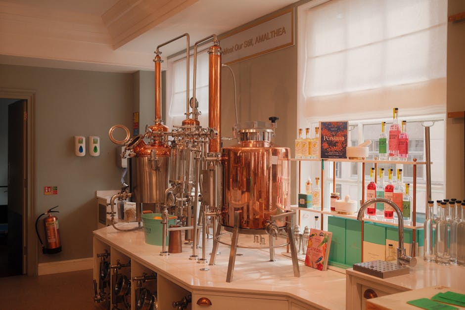 Copper grappa stills and equipment inside a Bassano del Grappa distillery