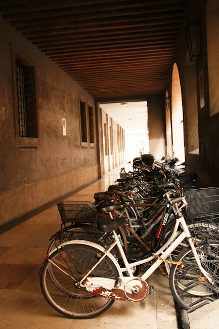 Row of bicycles parked under a covered arcade in Padua