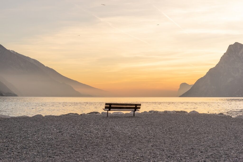 Garda lakeside garden sunset bench