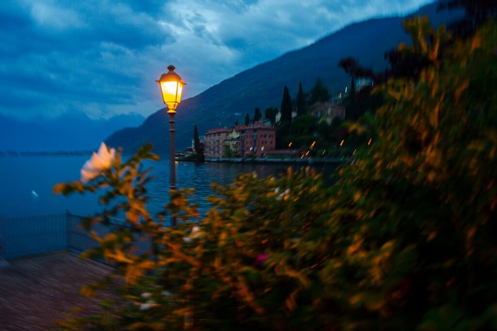 Riva del Garda central promenade evening lights