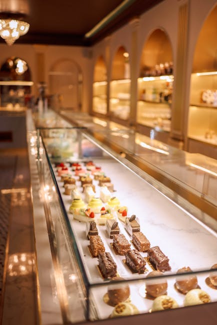 Glass display of assorted pastries inside a Lake Garda pastry shop