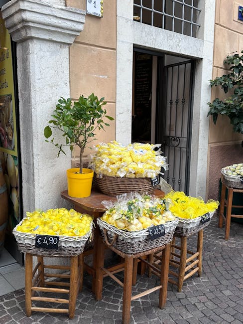 Wicker baskets of yellow lemon candies outside Lake Garda shop