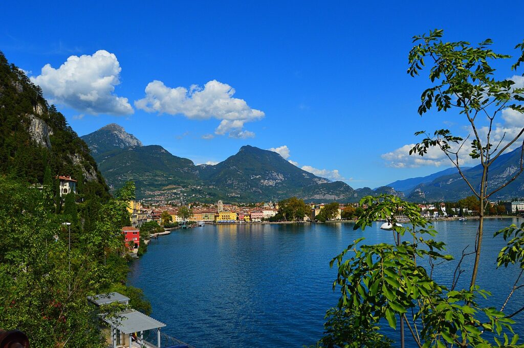 Panoramic view of Riva del Garda town and surrounding mountains