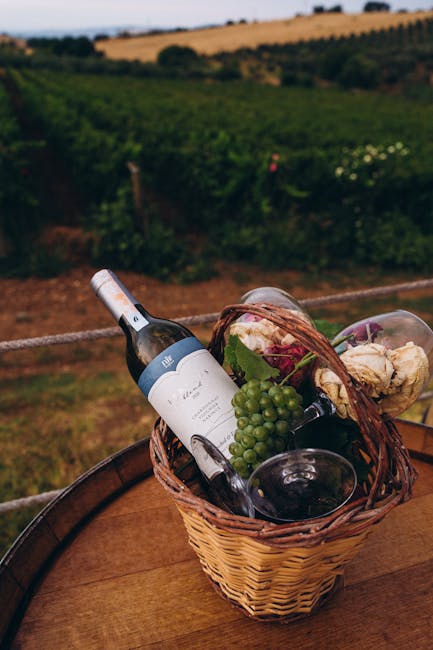 Picknick im Weinberg bei Sonnenuntergang mit Glas Wein