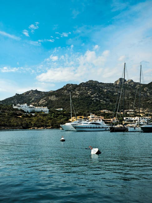 Port sarde avec yachts amarrés et collines rocheuses en arrière-plan