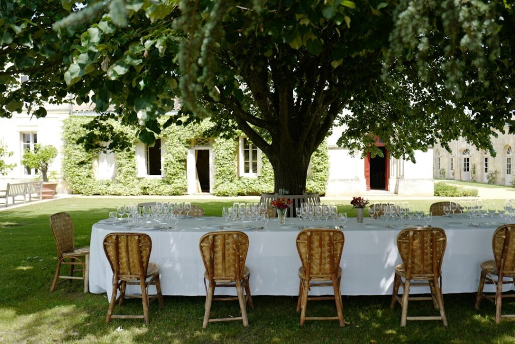 Table dressée sous un grand tilleul pour une dégustation en Sardaigne