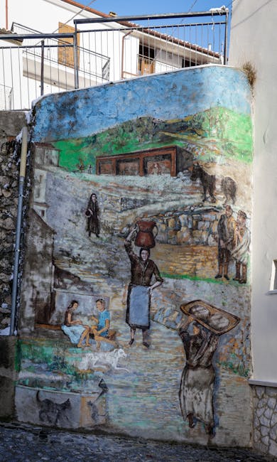 Fresque murale représentant scènes de bergers dans un village sarde