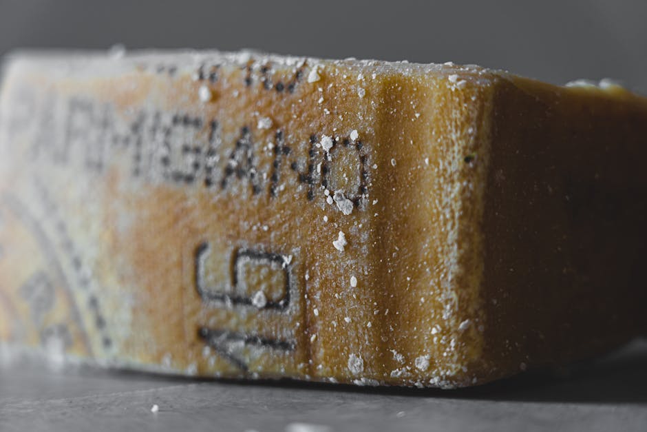 Close-up of Parmigiano-Reggiano rind with crystals and stamped markings