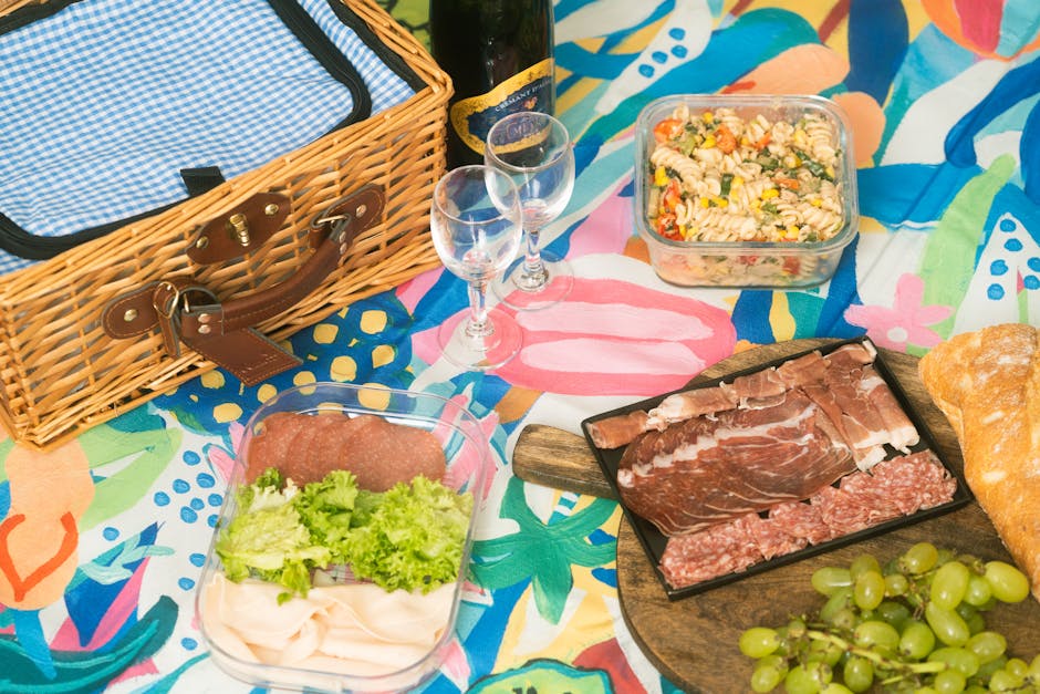 Picknickkleed met vleeswaren, brood, druiven en mand in Parma