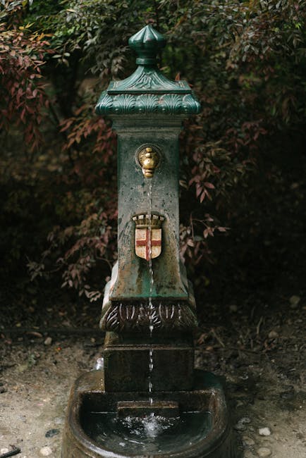 Fontaine en pierre ornée d'un blason, eau coulant doucement à Parme