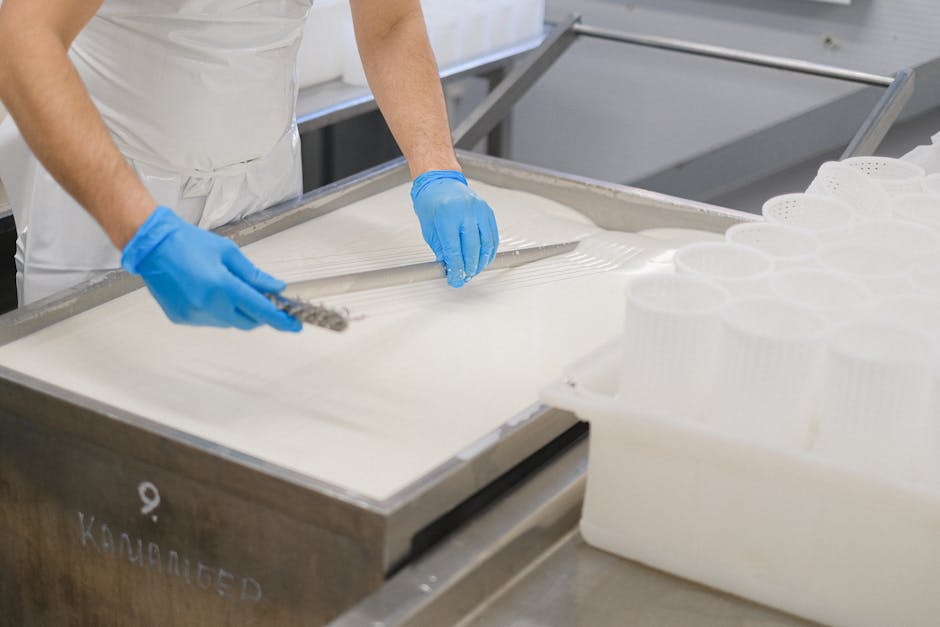 Fromager prépare le caillé dans une cuve, moules blancs alignés, Parme
