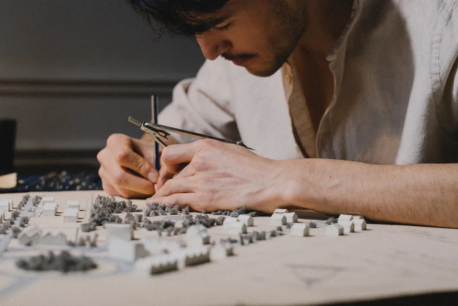Jeune étudiant en architecture façonnant une maquette urbaine à Bergame
