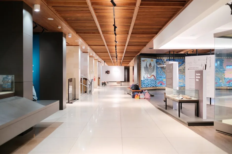 Espace d'exposition contemporain avec vitrines et mosaïque murale, musée de Bergame.