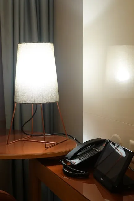 Lampe d'ambiance sur table d'hôtel à Bergame, téléphone et tablette