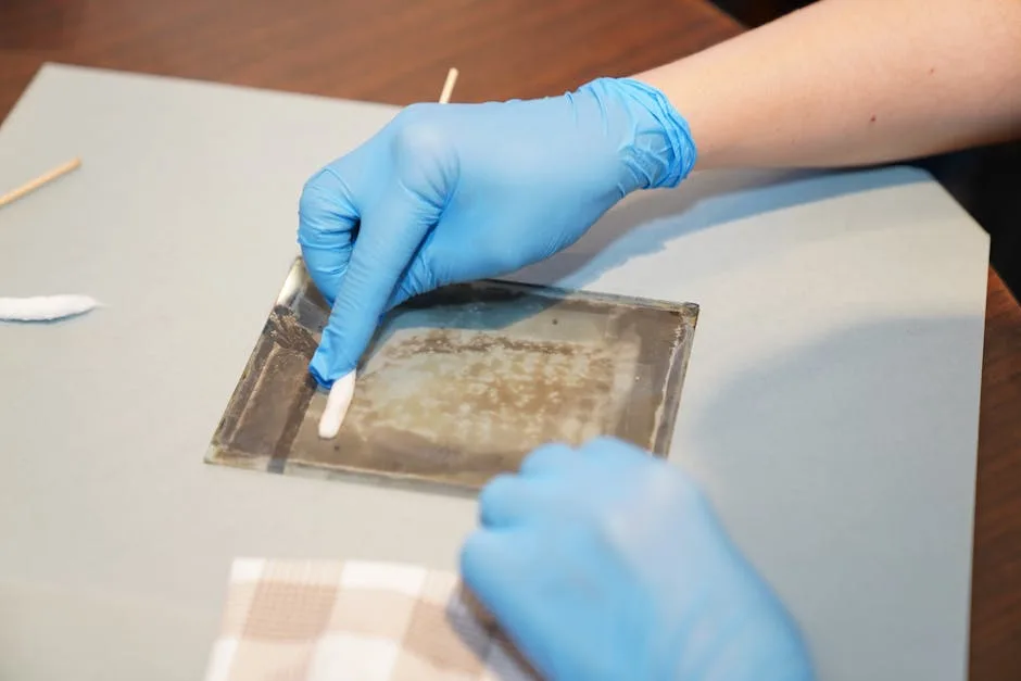 Mains gantées nettoyant une plaque de verre lors d'une restauration à Bergame