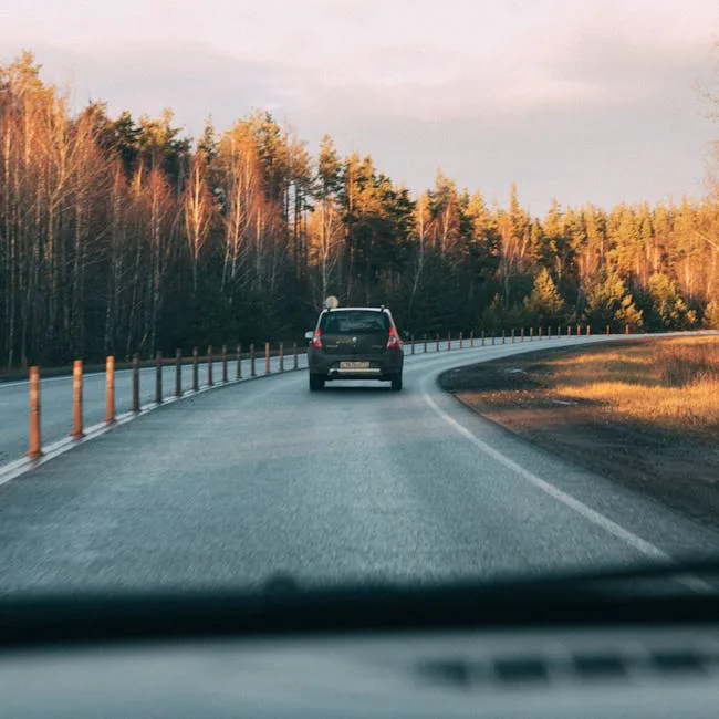 Vue depuis le pare-brise d'une voiture sur route sinueuse