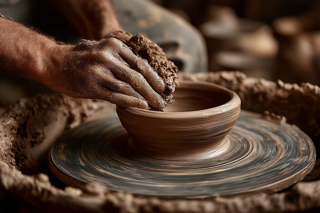 Laboratorio di terracotta nella Città Alta di Bergamo, interni con tornio e pezzi in lavorazione