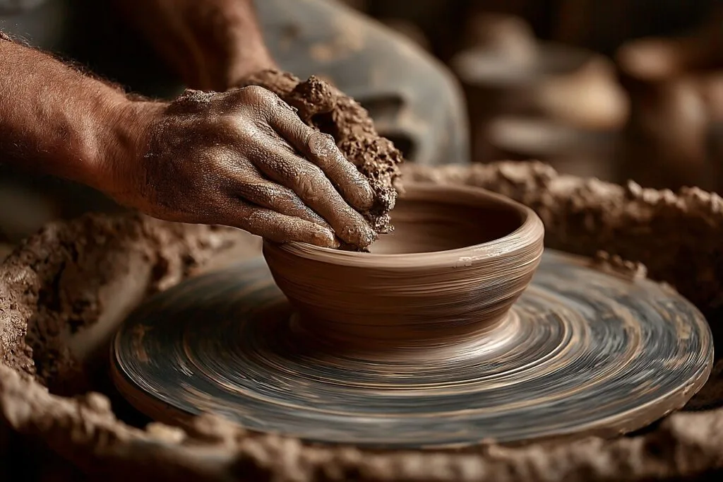 Mains d'un potier modelant un bol sur un tour à Bergame