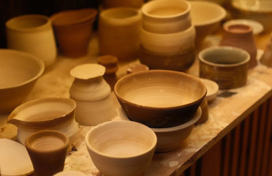 Bols et pots en terre cuite sur une étagère d'atelier à Bergame
