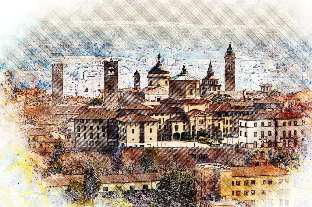Vue en aquarelle de la Città Alta de Bergame et ses clochers