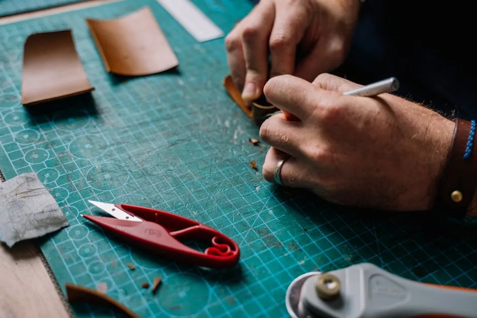 Mains d'artisan travaillant le cuir sur planche de découpe, atelier à Bergame