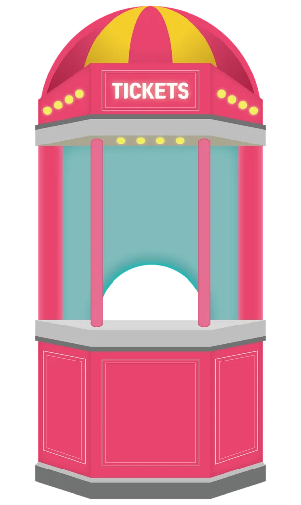 Stand de billetterie rose et jaune stylisé, pancarte 'TICKETS'
