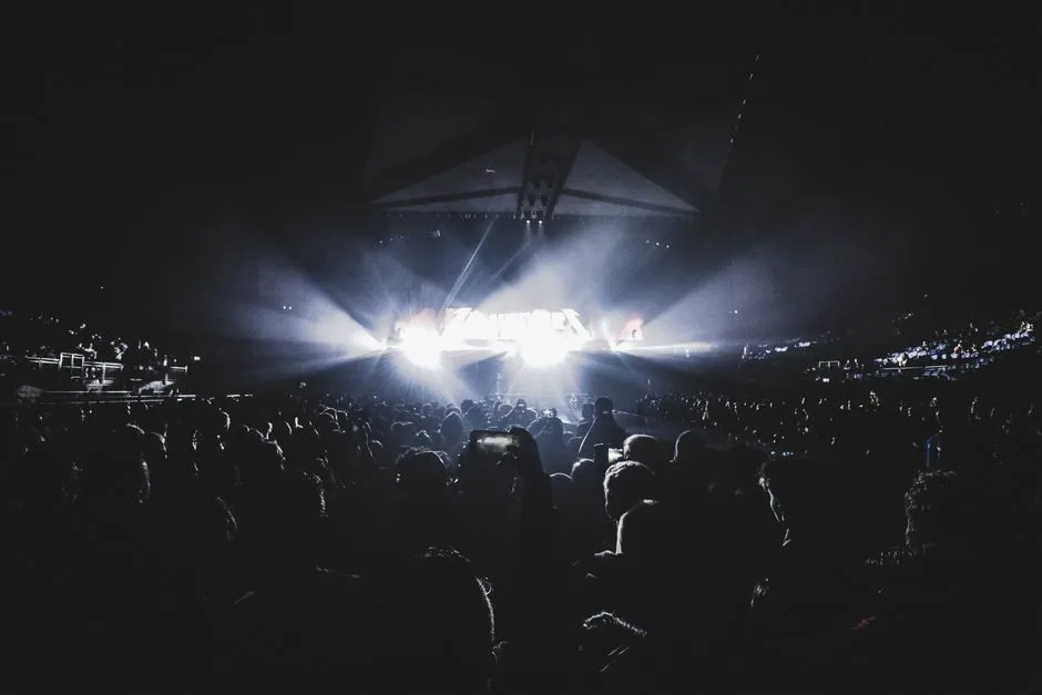 Foule de silhouettes face aux projecteurs d'un concert à Bergame