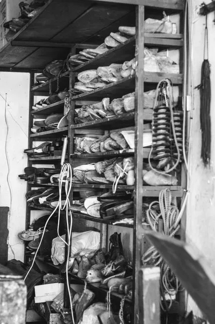 Étagères remplies de formes à chaussures et outils anciens dans un atelier à Bergame