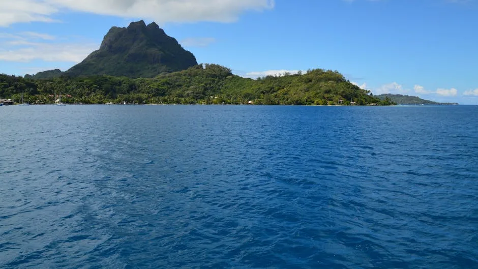 Large étendue d'eau bleue face à une île montagneuse verdoyante