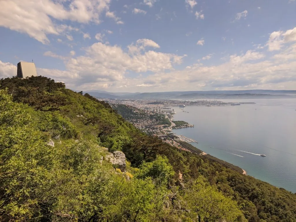 Vue panoramique sur Trieste et le golfe depuis une colline boisée