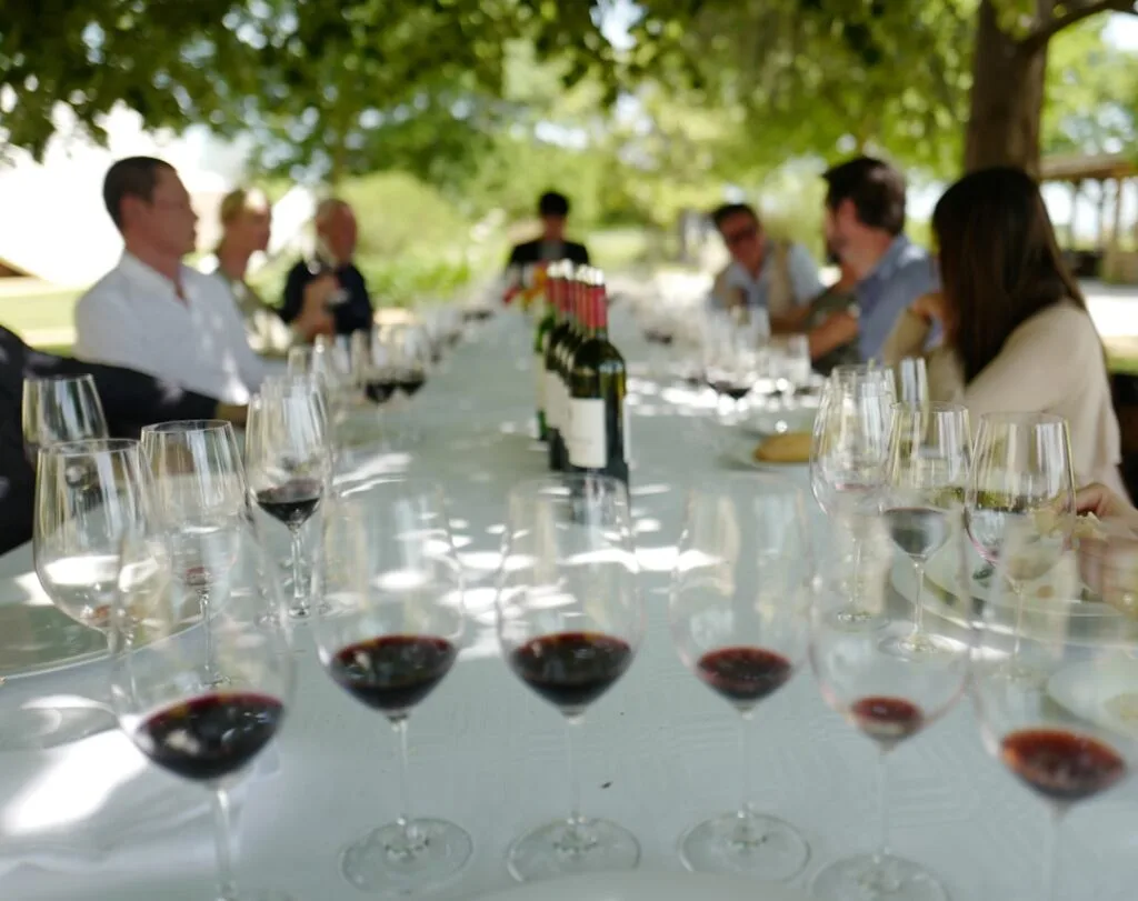 Dégustation de vins sous les arbres avec verres et bouteilles alignés