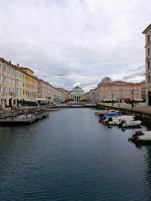 Trieste's Canal Grande lined with boats and neoclassical church