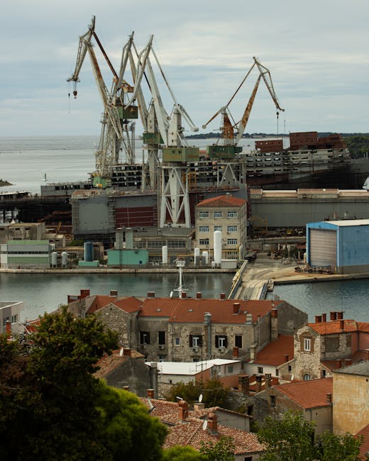 Chantiers navals et grandes grues surplombant les toits de Trieste