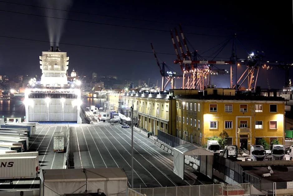 Ferry illuminé amarré la nuit au terminal portuaire de Trieste
