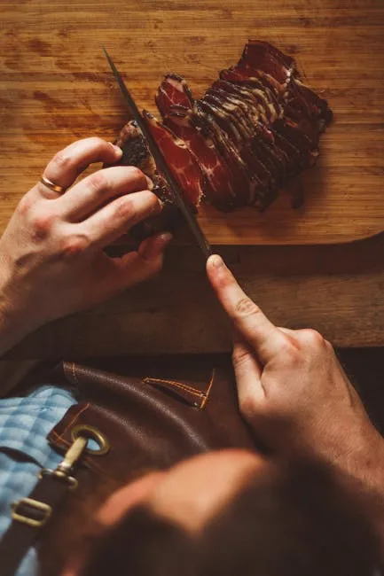 Mains tranchant du jambon cru de San Daniele sur planche.