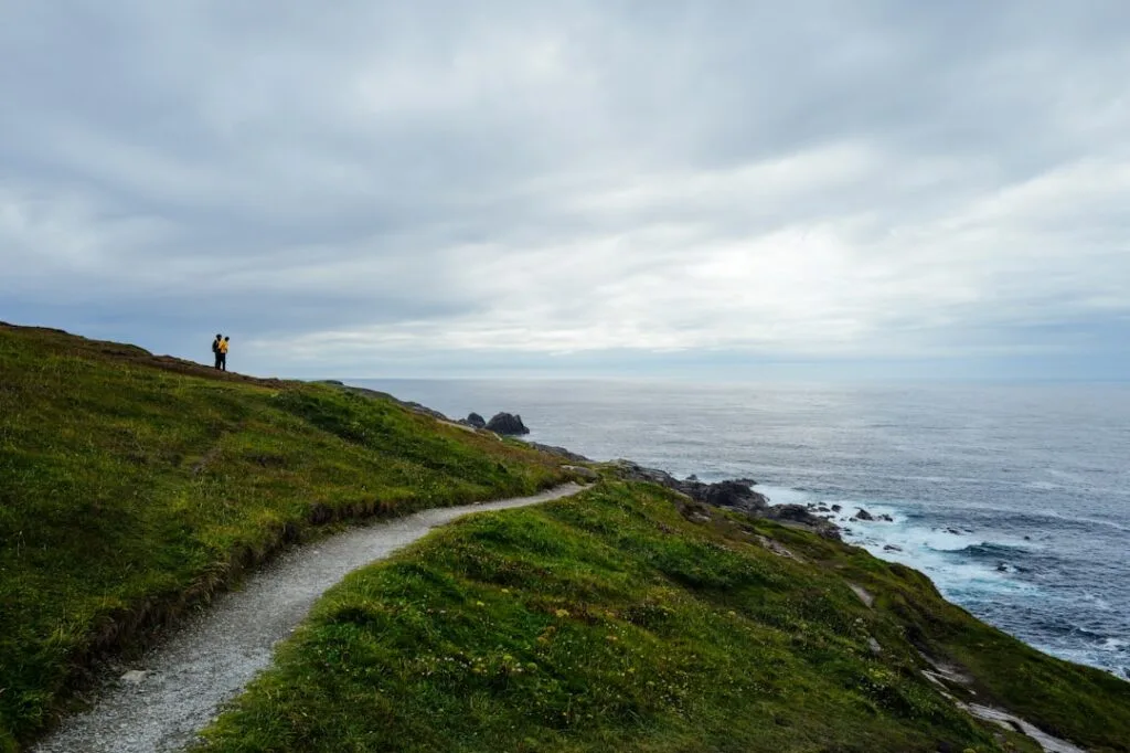 Sentier côtier herbeux avec deux randonneurs dominant la mer près de Trieste