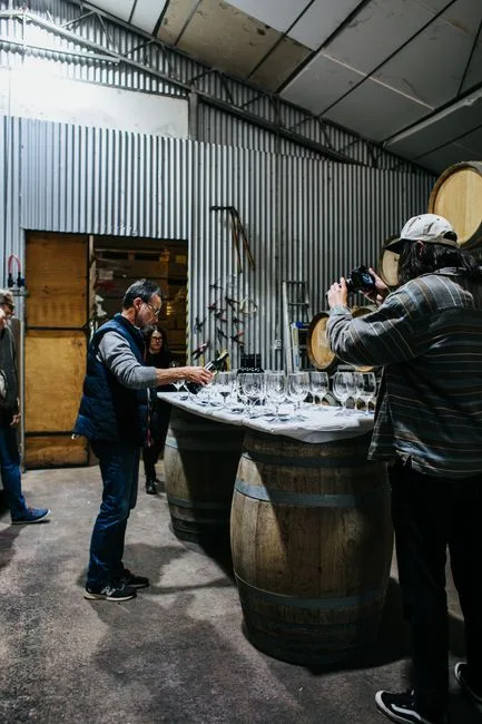 Dégustation dans une cave, tonneaux et verres alignés, visiteurs