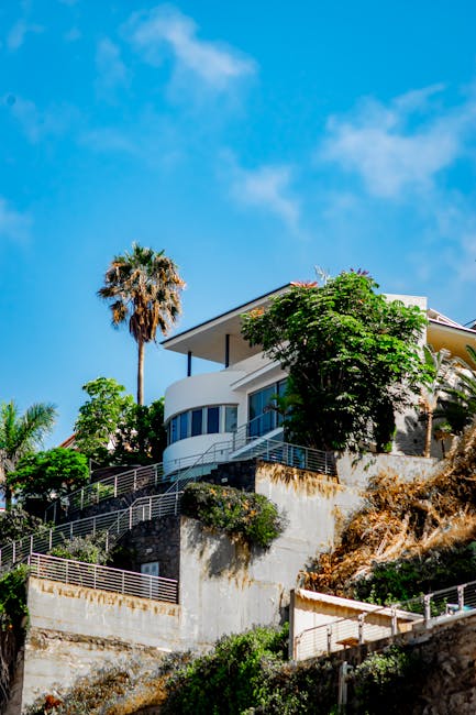 Moderne woning bovenaan klif met palmboom op de Eolische Eilanden