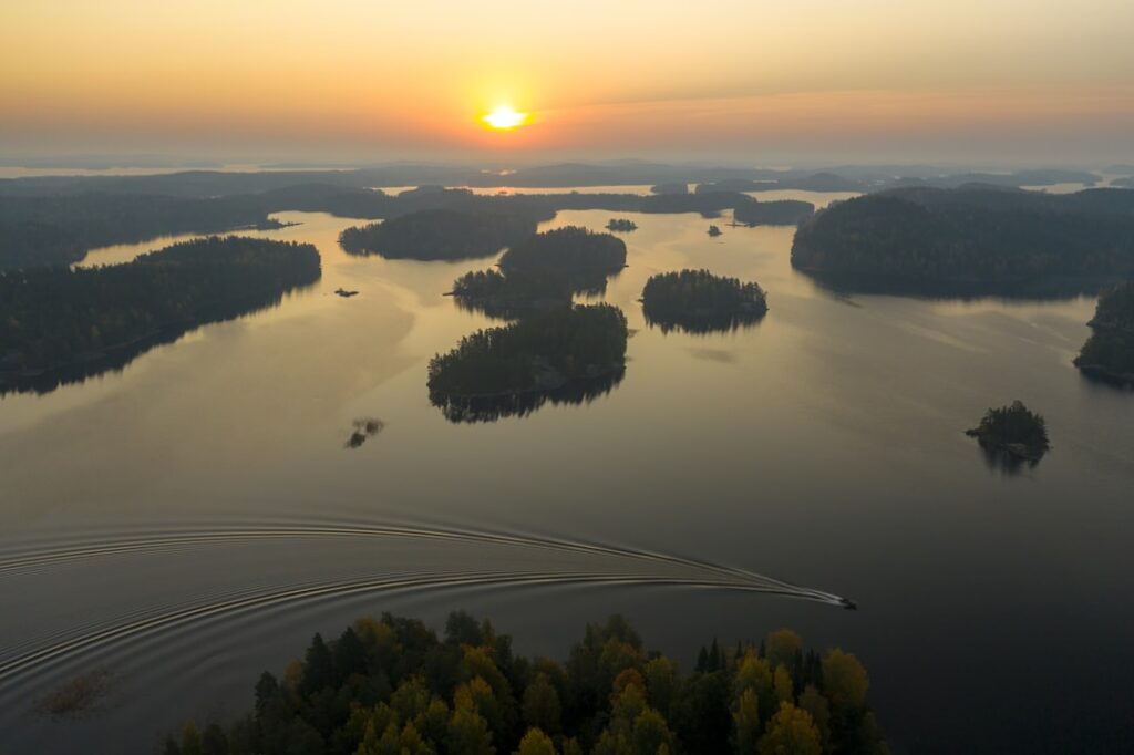 Aerial sunrise view of the Aeolian Archipelago from a boat